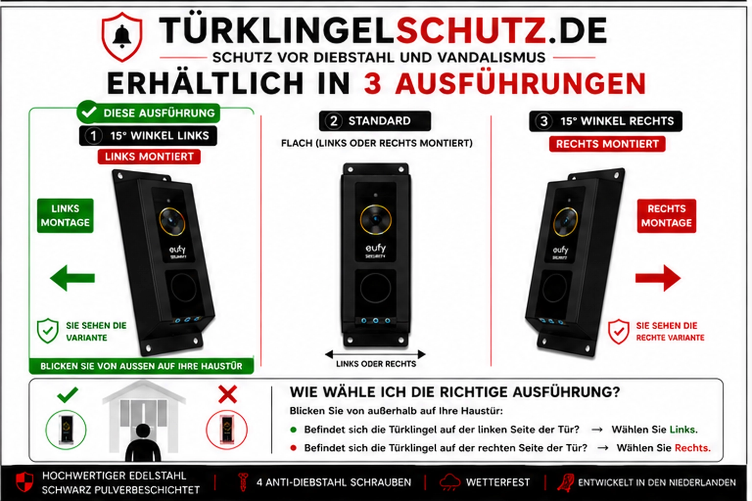 Eufy E340 15° Links<br -r>Video-Türklingelschutz schwarz<br ->(Diebstahlschutz)<br -><br ->⬅️ Links montierbar (von außen gesehen) – Bild 2